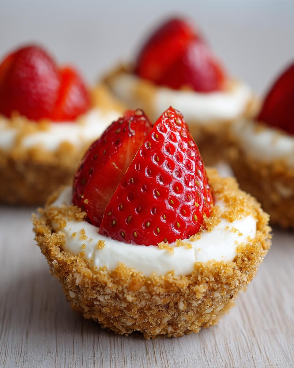 A close-up of one cheesecake deviled strawberries mini tart with a graham cracker crust and cream cheese filling topped with sliced fresh strawberry.