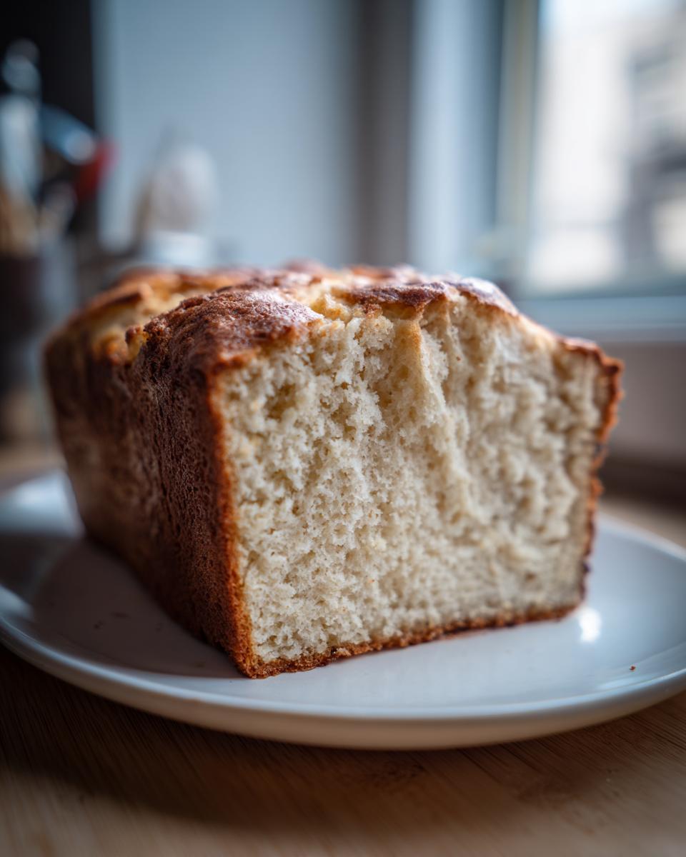 A thick slice of moist cottage cheese bread showing its soft, light crumb and golden-brown crust.