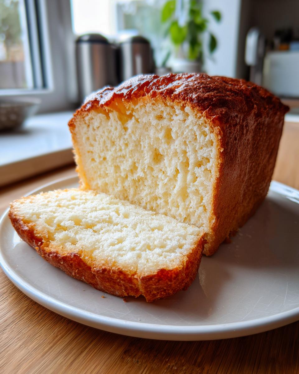 A golden-brown loaf of cottage cheese bread, partially sliced, resting on a light plate.