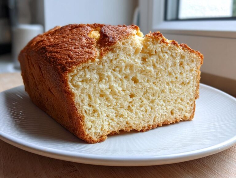 A close-up of a thick slice of golden brown cottage cheese bread showing its soft, airy interior texture.