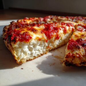 Close-up of a thick slice showing the fluffy interior of the cottage cheese pizza crust topped with melted cheese and bright red sauce.