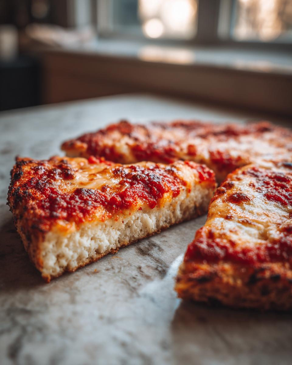 Close-up of thick slices of pizza showing the fluffy cottage cheese pizza crust topped with sauce and melted cheese.