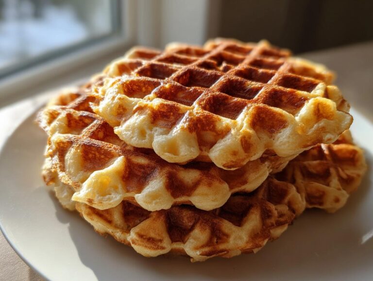 A stack of three golden-brown, fluffy cottage cheese waffles sitting on a white plate near a window.