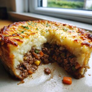 A cross-section view of a rich cottage pie showing the savory minced meat filling and thick, golden-brown mashed potato topping.