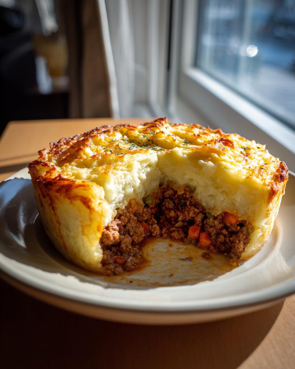 A cross-section view of a homemade cottage pie showing rich meat filling and a fluffy, browned mashed potato topping.