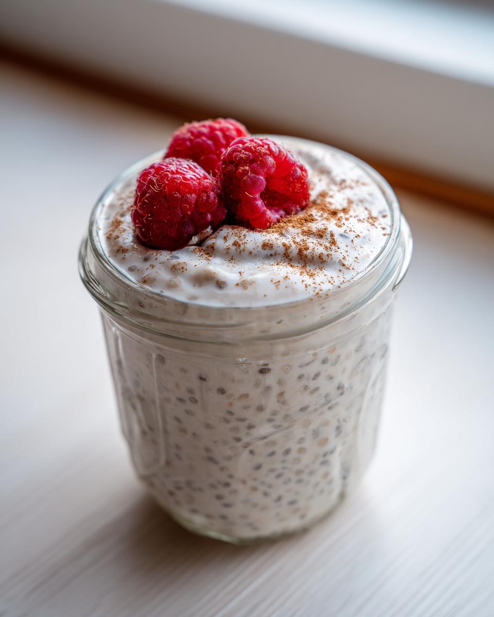 A glass jar filled with creamy chia pudding, topped with three fresh raspberries and a sprinkle of cinnamon.
