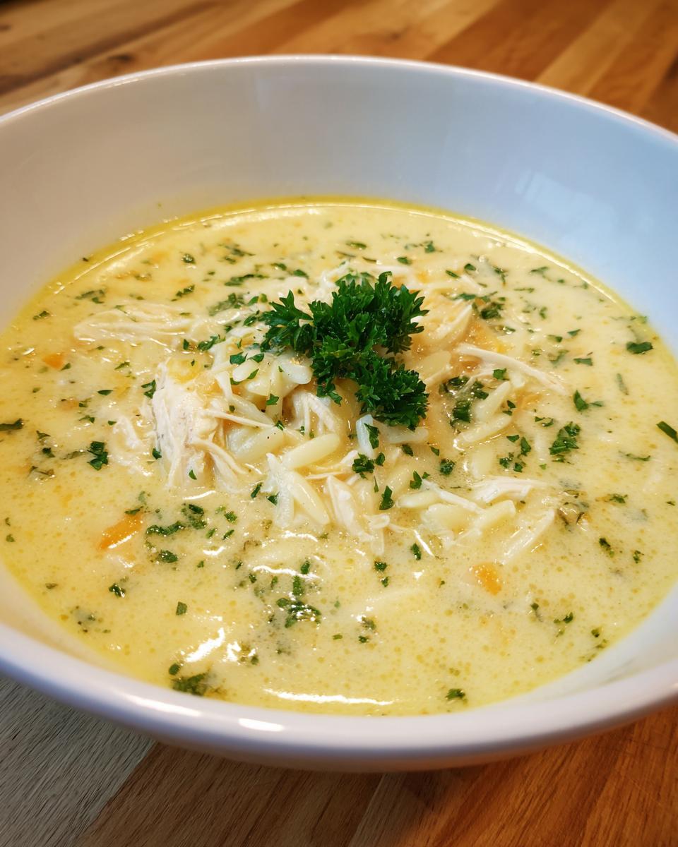 Close-up of a bowl of creamy chicken orzo soup topped with shredded chicken and fresh parsley garnish.