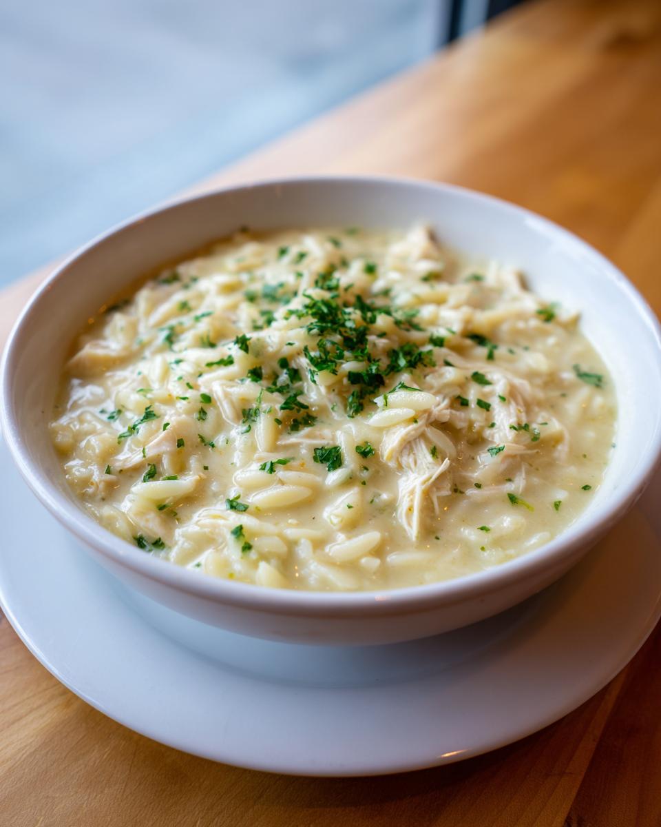 A close-up of creamy chicken orzo soup topped with fresh parsley in a white bowl.