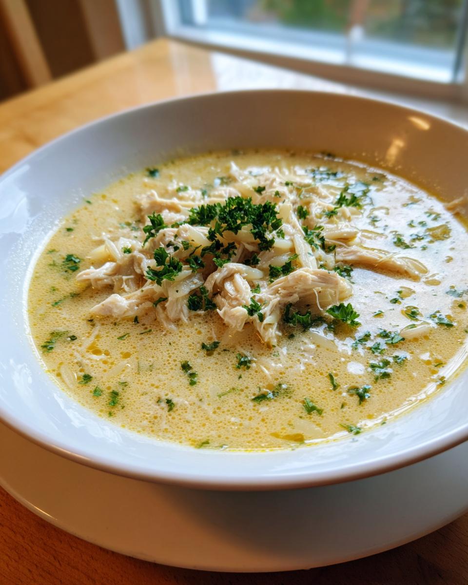 A close-up of a bowl of creamy chicken orzo soup topped with shredded chicken and fresh parsley.
