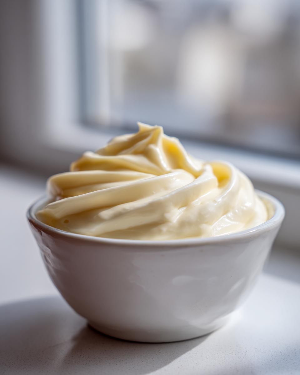 Close-up of creamy, pale yellow homemade garlic aioli piped into a small white bowl.