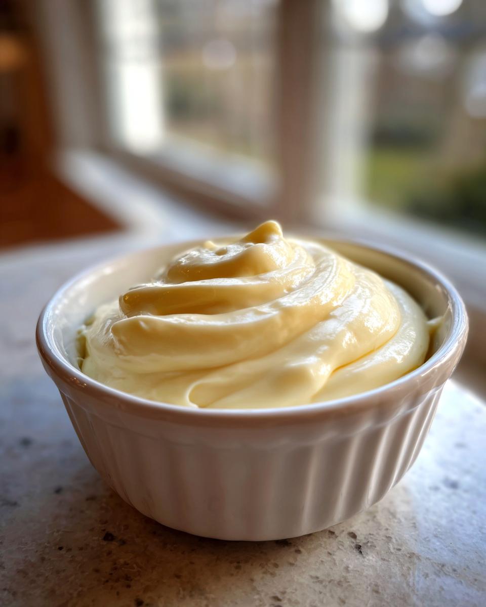 A close-up of thick, creamy homemade garlic aioli swirled beautifully in a small white ramekin.