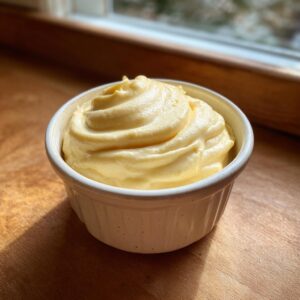 A small white ramekin filled with thick, creamy, pale yellow homemade garlic aioli, sitting on a wooden surface.