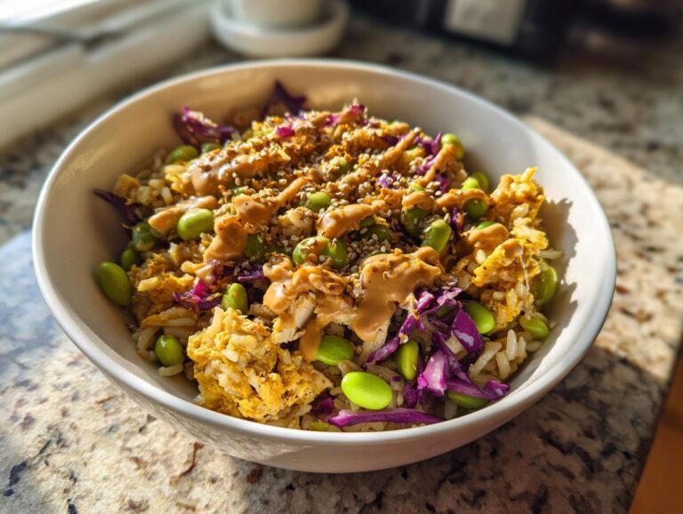 A close-up of a bowl filled with crispy rice salad, featuring scrambled egg, bright green edamame, purple cabbage, and a drizzle of peanut sauce.