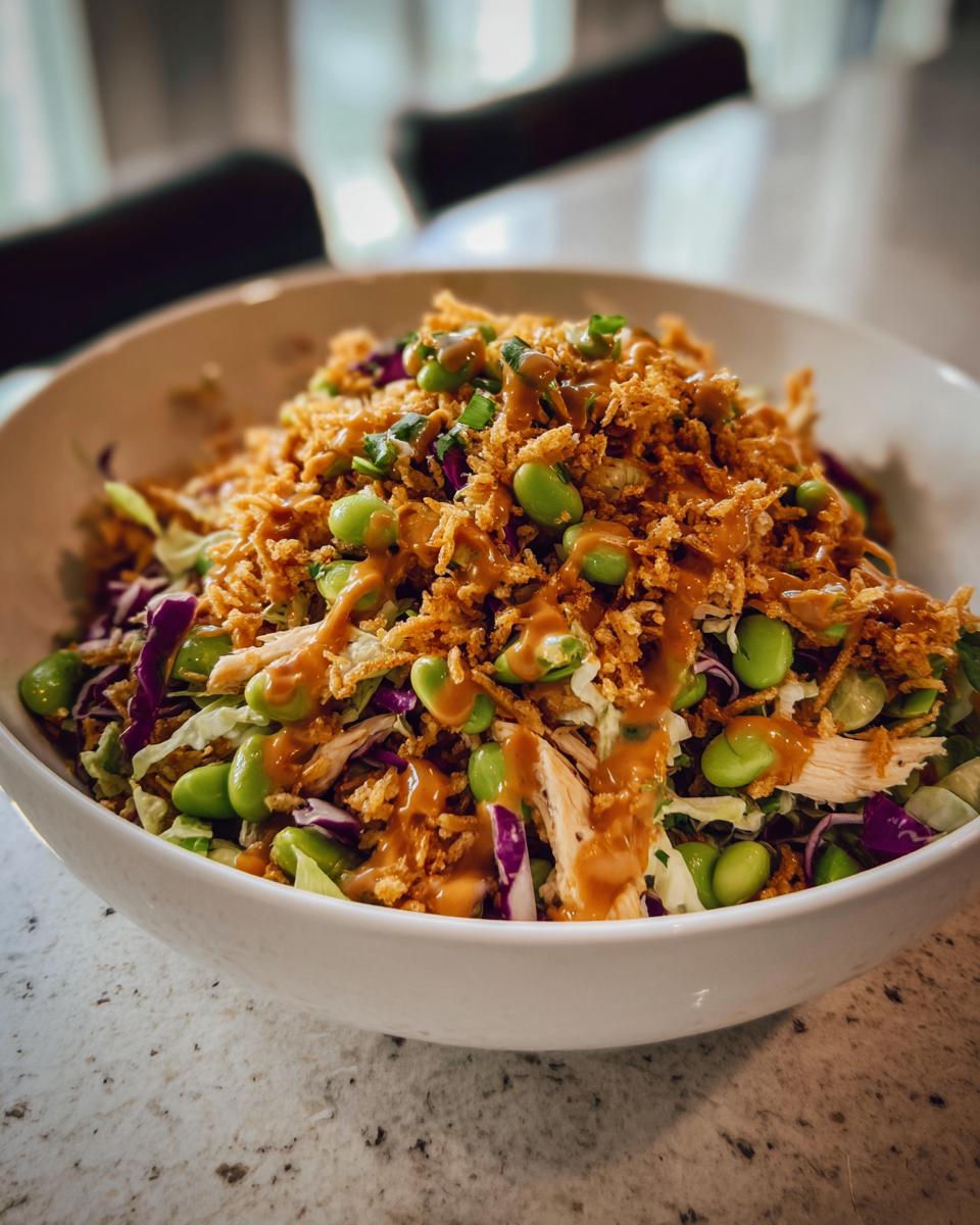 Close-up of a vibrant bowl of crispy rice salad topped with crunchy fried onions, edamame, and peanut dressing.