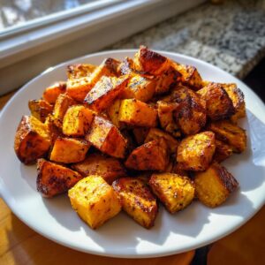A pile of perfectly seasoned and crispy roasted sweet potato cubes served on a white plate, catching sunlight.