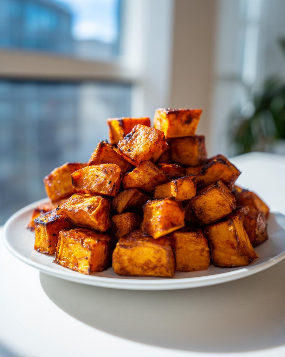 A tall stack of golden brown, crispy roasted sweet potato cubes piled high on a white plate.