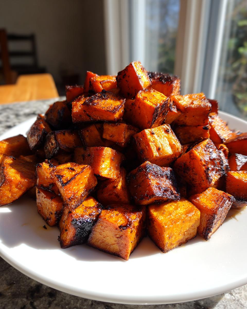 A pile of perfectly caramelized and crispy roasted sweet potato cubes served on a white plate.