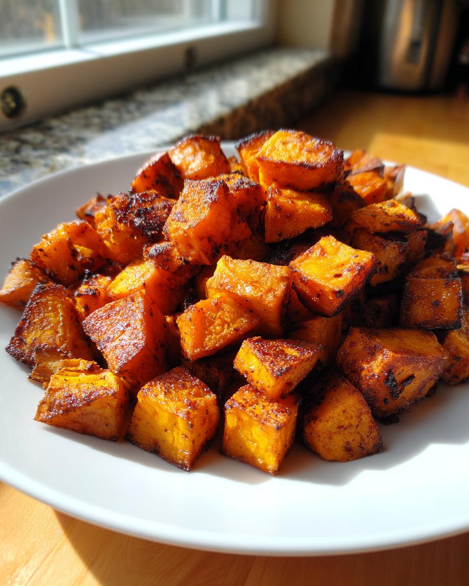 A pile of perfectly caramelized and crispy roasted sweet potato cubes served on a white plate.