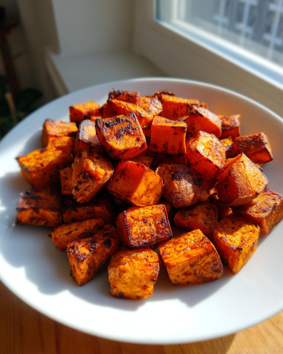 A white bowl filled with perfectly caramelized and crispy roasted sweet potato cubes, highlighted by bright sunlight.