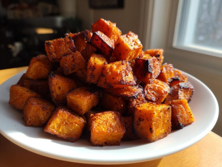 A mound of perfectly seasoned and crispy roasted sweet potato cubes piled high on a white plate.