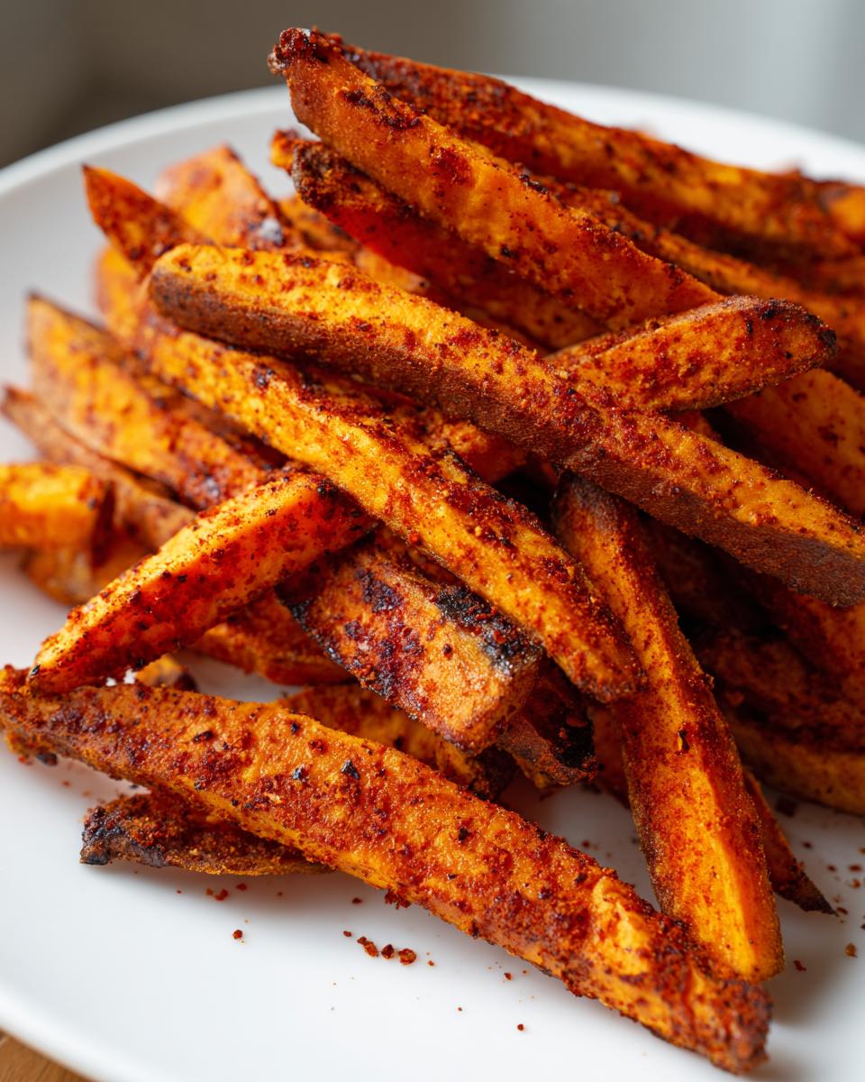 Close-up of a pile of perfectly cooked, seasoned sweet potato fries on a white plate.