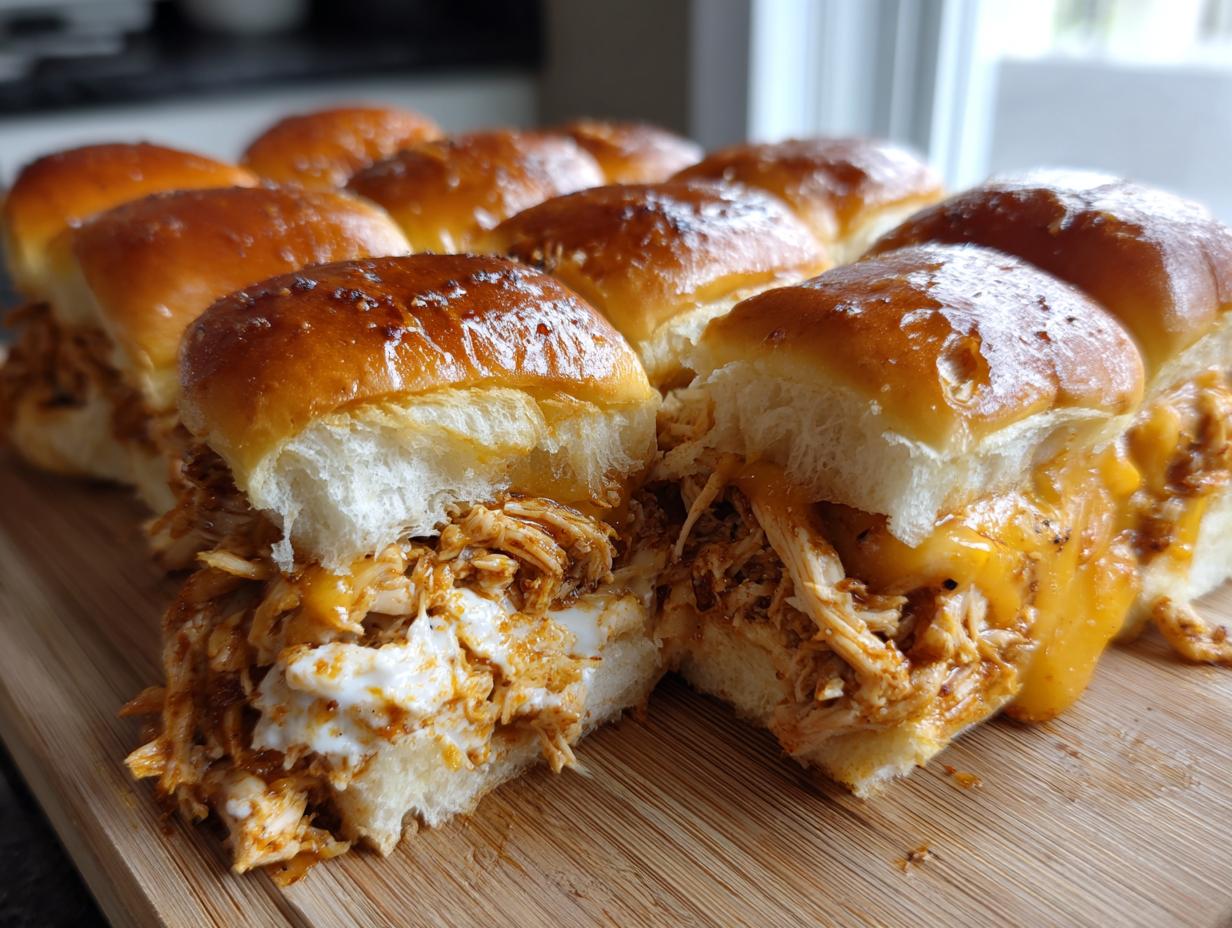 A close-up of several freshly baked bbq chicken sliders filled with shredded chicken and melted cheese on a wooden board.