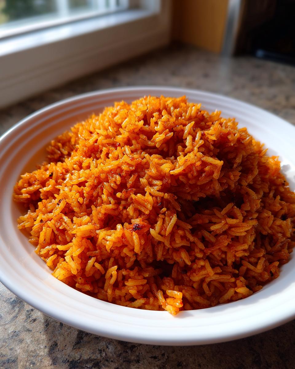 Close-up of a generous serving of vibrant orange, fluffy jollof rice piled high in a white bowl.