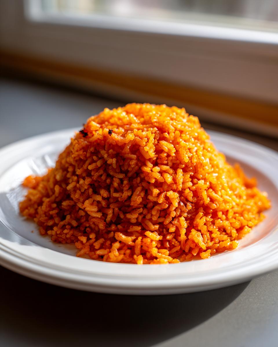 A perfectly molded mound of vibrant orange, fluffy jollof rice served on a white plate.