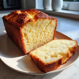 A golden-brown loaf of homemade cottage cheese bread, partially sliced, sitting on a light plate.