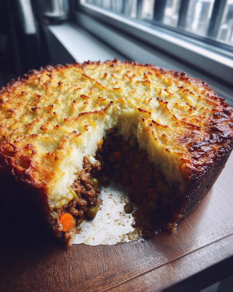 A close-up of a freshly baked cottage pie with a slice removed, revealing the rich meat and vegetable filling beneath the crispy mashed potato topping.