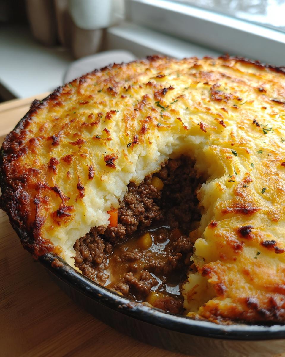Close-up of a freshly baked cottage pie with a scoop removed, showing the rich meat filling beneath the golden, crispy mashed potato topping.