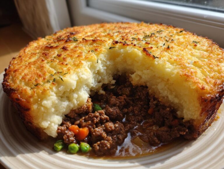 A serving of homemade cottage pie with a scoop removed, showing the rich minced meat filling and golden mashed potato topping.