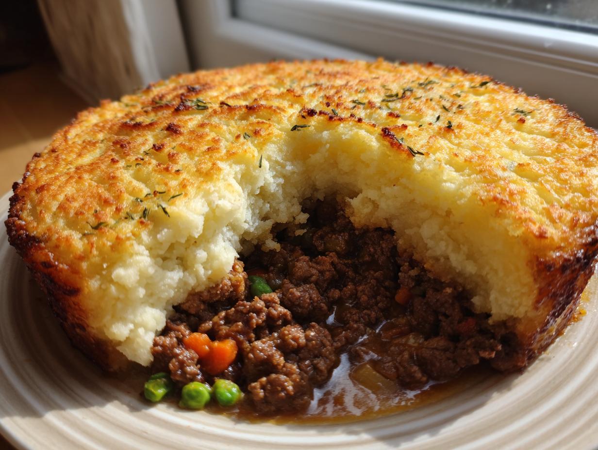 A serving of homemade cottage pie with a scoop removed, showing the rich minced meat filling and golden mashed potato topping.
