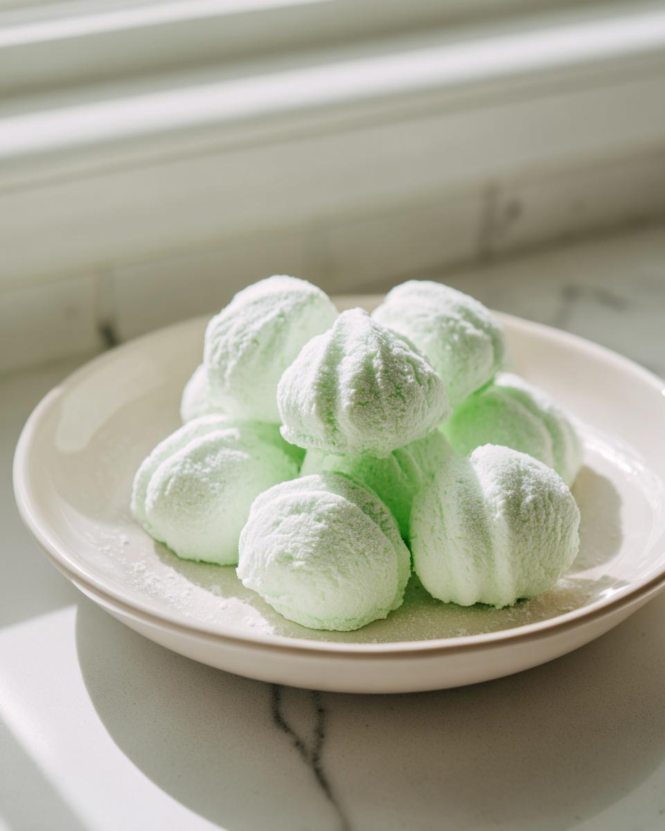 A close-up of several pale green, powdered cream cheese mints piled on a light-colored dish near a bright window.