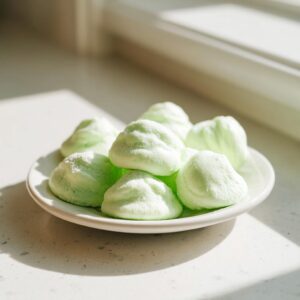 A small white plate piled high with soft, light green cream cheese mints dusted with powdered sugar.