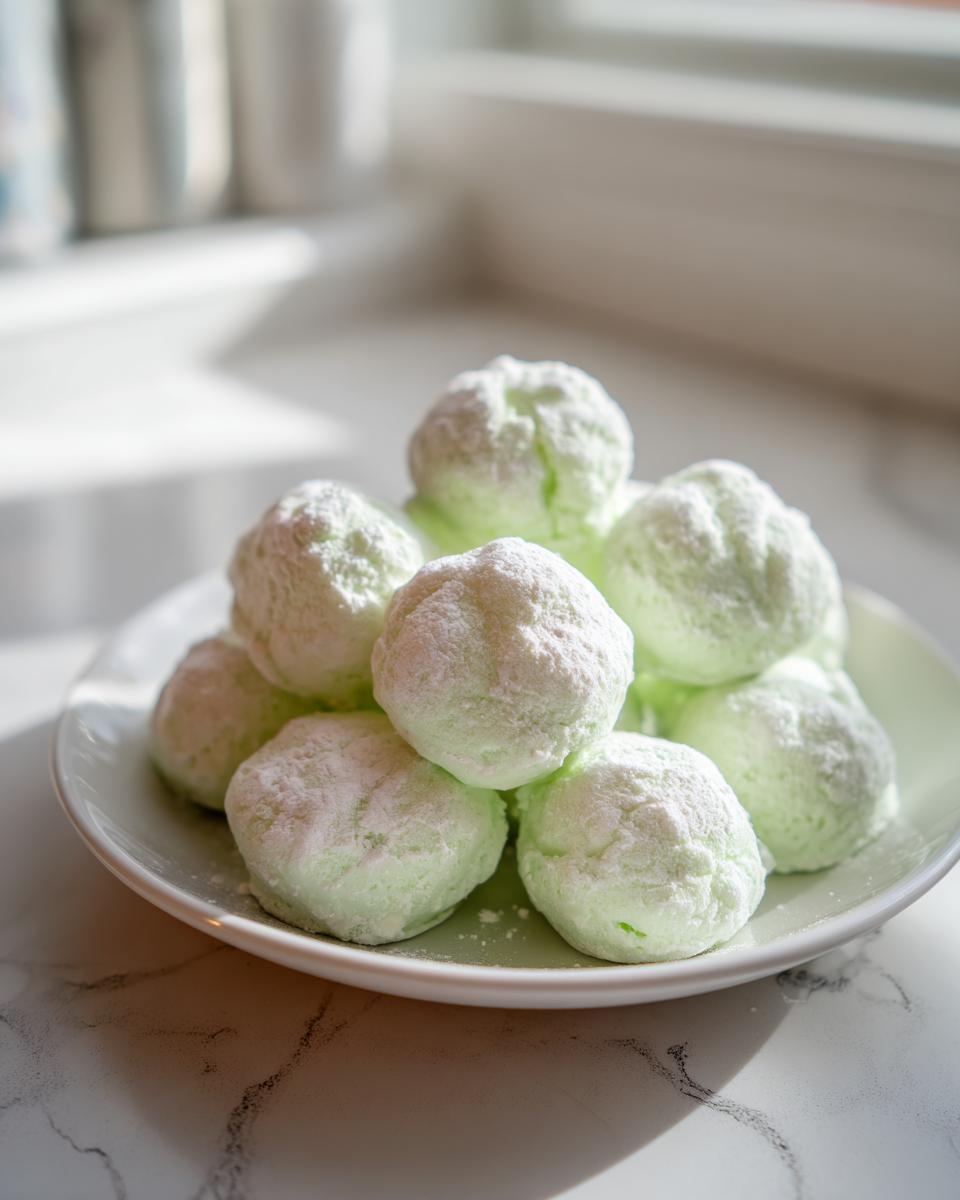 A stack of light green cream cheese mints heavily dusted with powdered sugar, resting on a white plate.