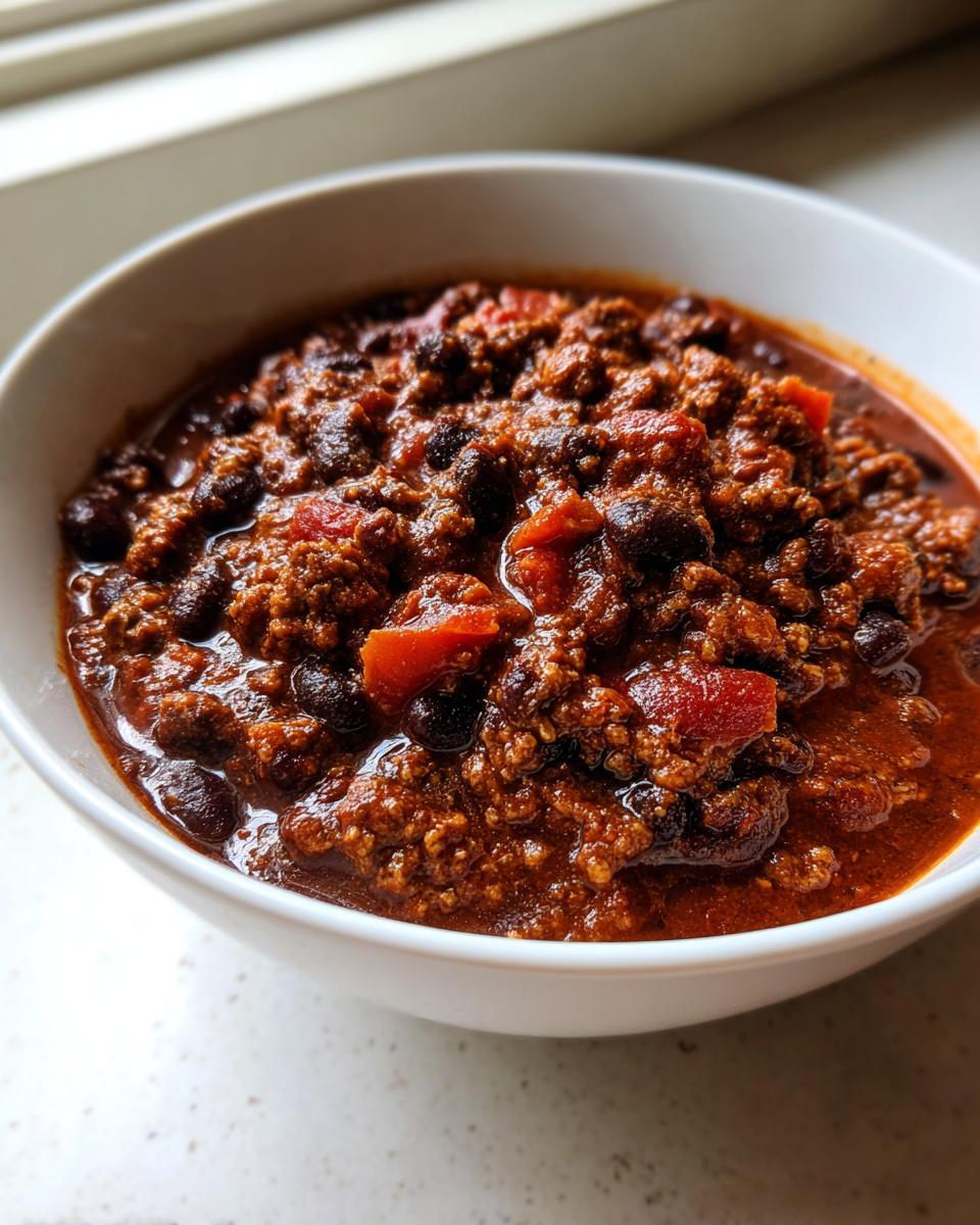 Close-up of a rich, thick bowl of amazing 30-minute black bean chili with ground meat and visible black beans.