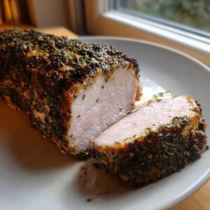 A close-up of a perfectly cooked pork tenderloin recipe, sliced to show the juicy interior and herb crust.
