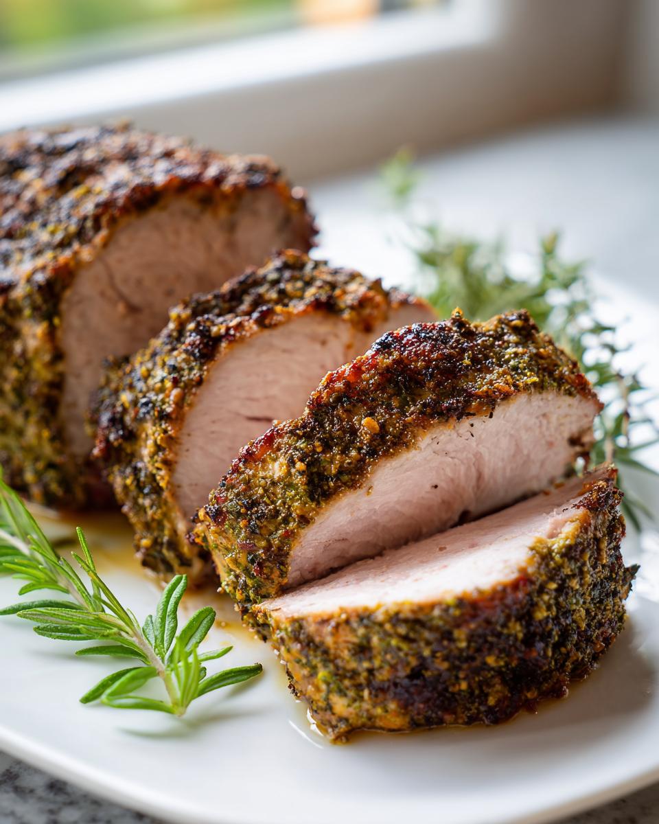 Close-up of a perfectly cooked, herb-crusted pork tenderloin recipe, sliced to show juicy interior and garnished with rosemary.