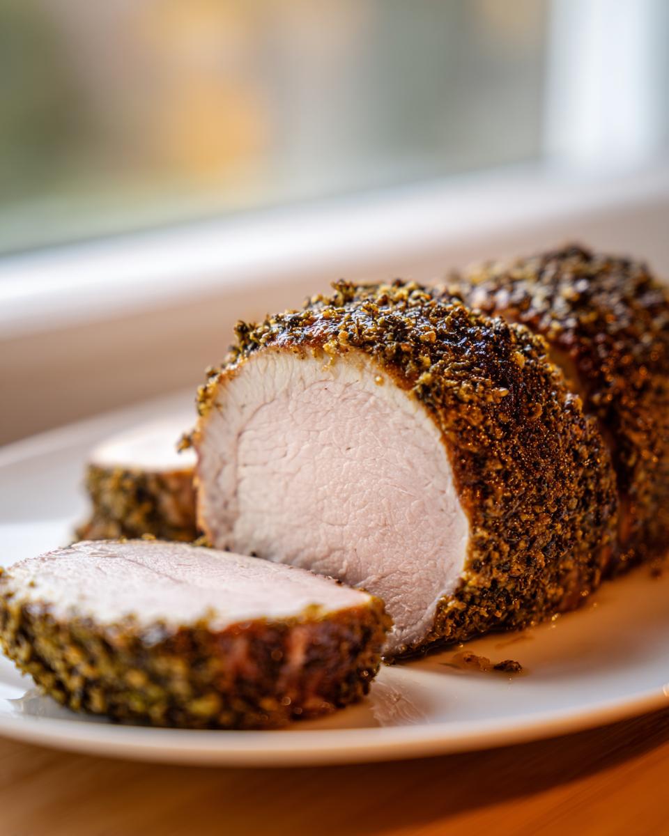 Close-up of a perfectly cooked pork tenderloin recipe, sliced to show juicy interior and thick herb crust.