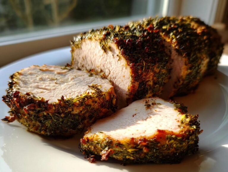 Close-up of a perfectly cooked pork tenderloin recipe, sliced and showing a thick, green herb crust.