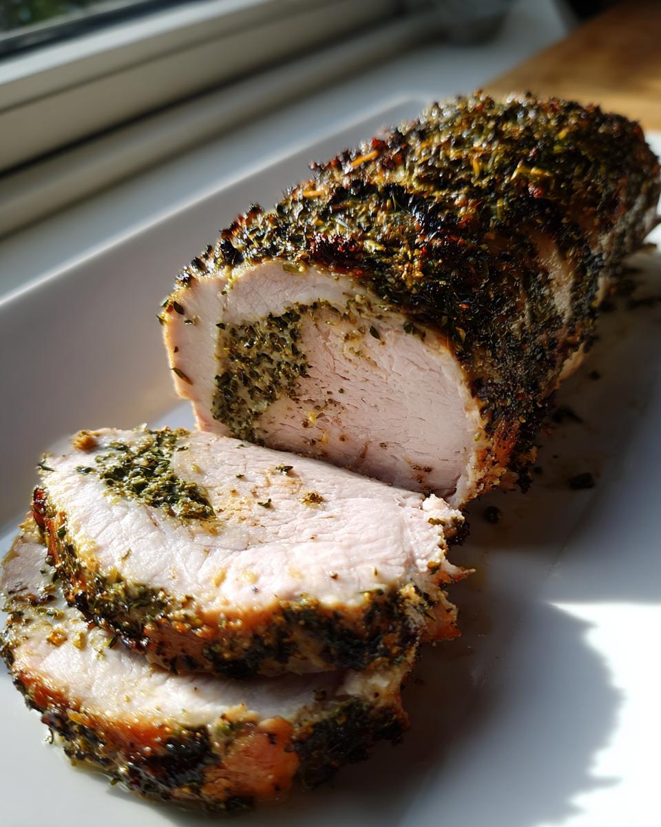 Slices of herb-crusted stuffed pork tenderloin recipe showing moist interior and green filling.