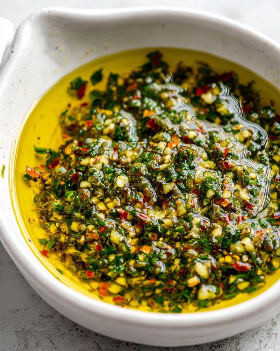 Close-up of vibrant green herb and garlic mixture swimming in golden olive oil, perfect as a bread dip.