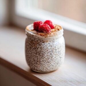 Close-up of a jar filled with creamy chia pudding topped with fresh raspberries and cinnamon.