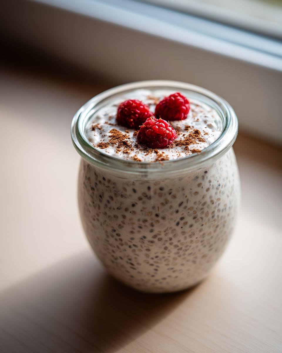 Close-up of creamy chia pudding topped with three fresh raspberries and cinnamon.