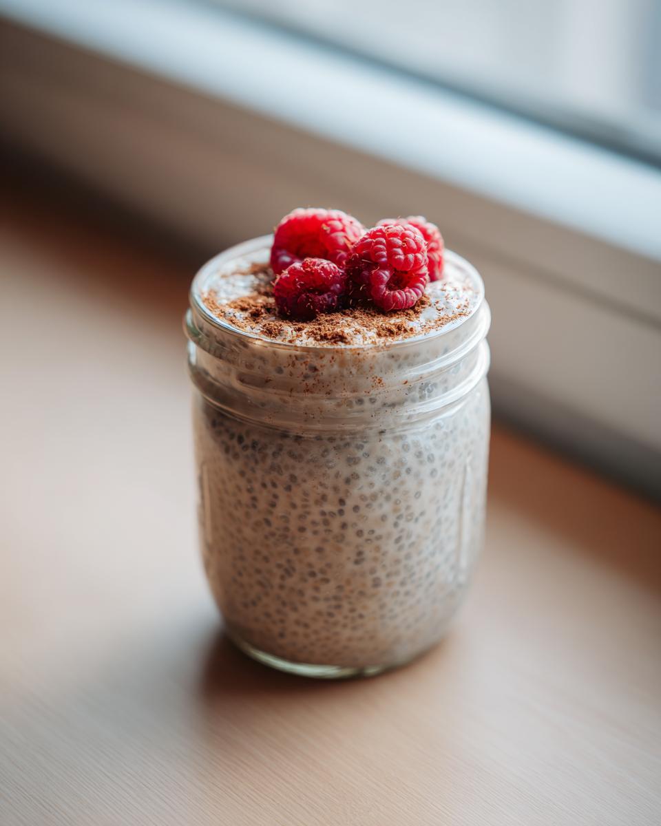 A close-up of high protein chia pudding served in a mason jar, topped with fresh raspberries and cinnamon.