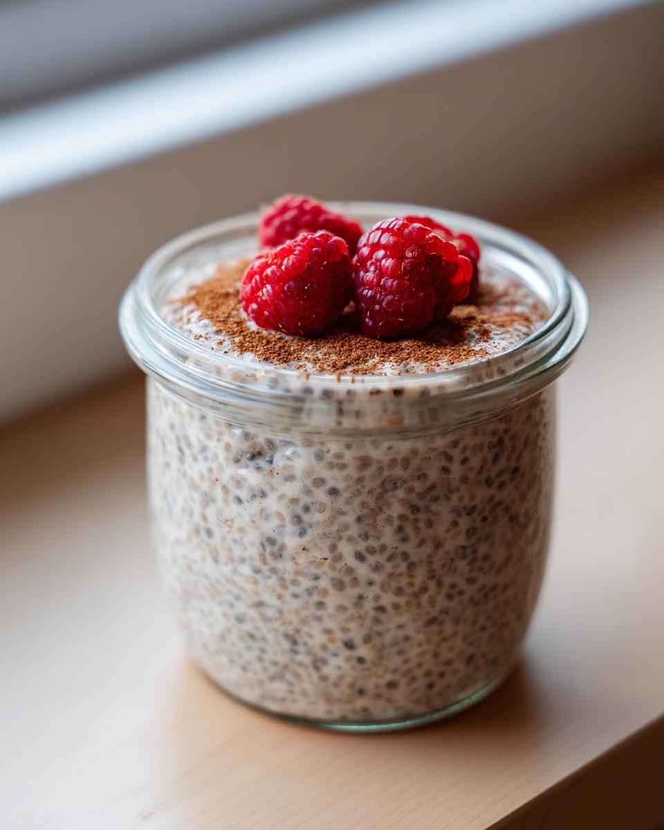 A glass jar filled with creamy chia pudding topped with fresh raspberries and a sprinkle of cinnamon.