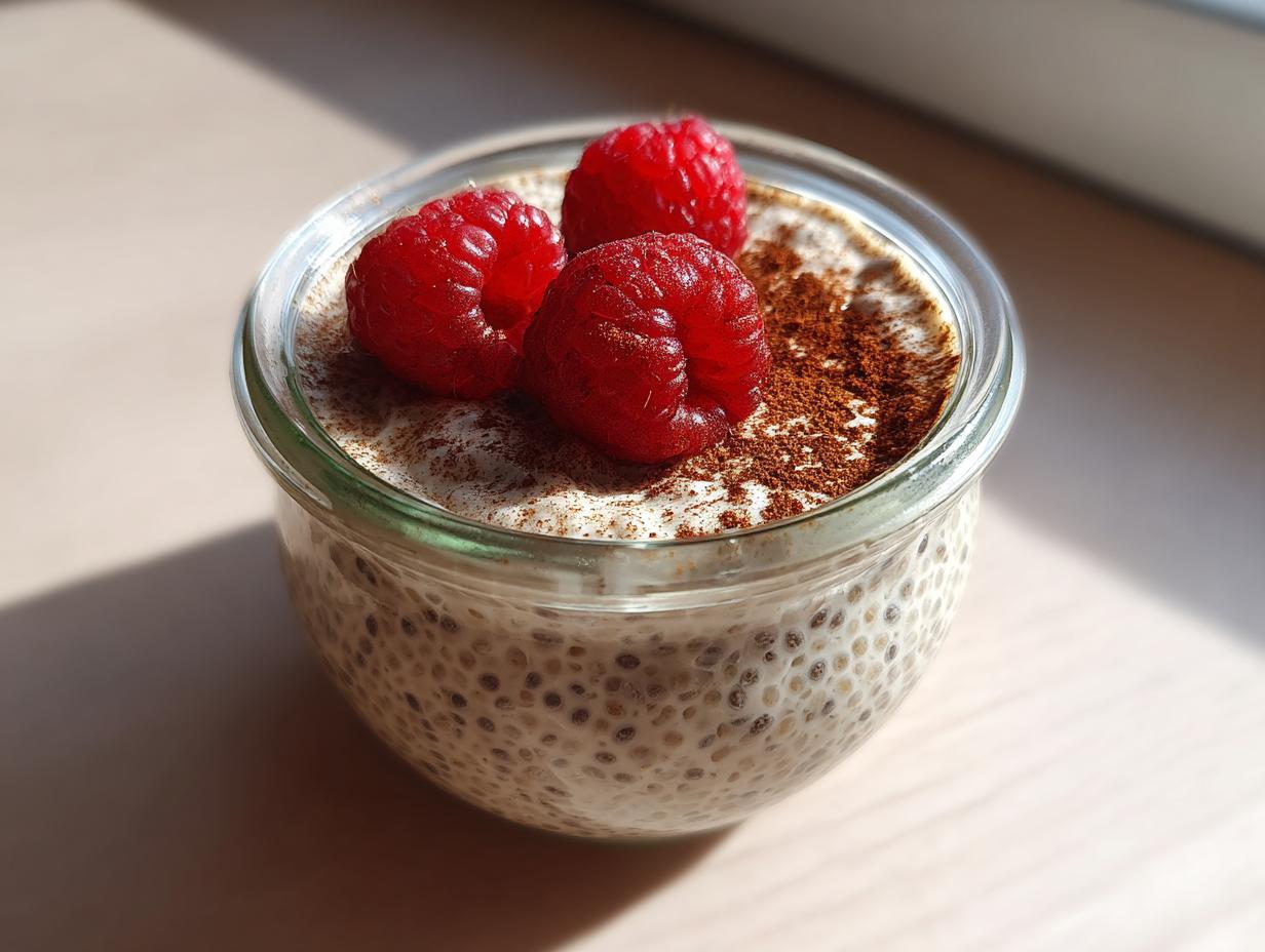 Close-up of a glass jar filled with creamy chia pudding, topped with three fresh raspberries and cocoa powder.