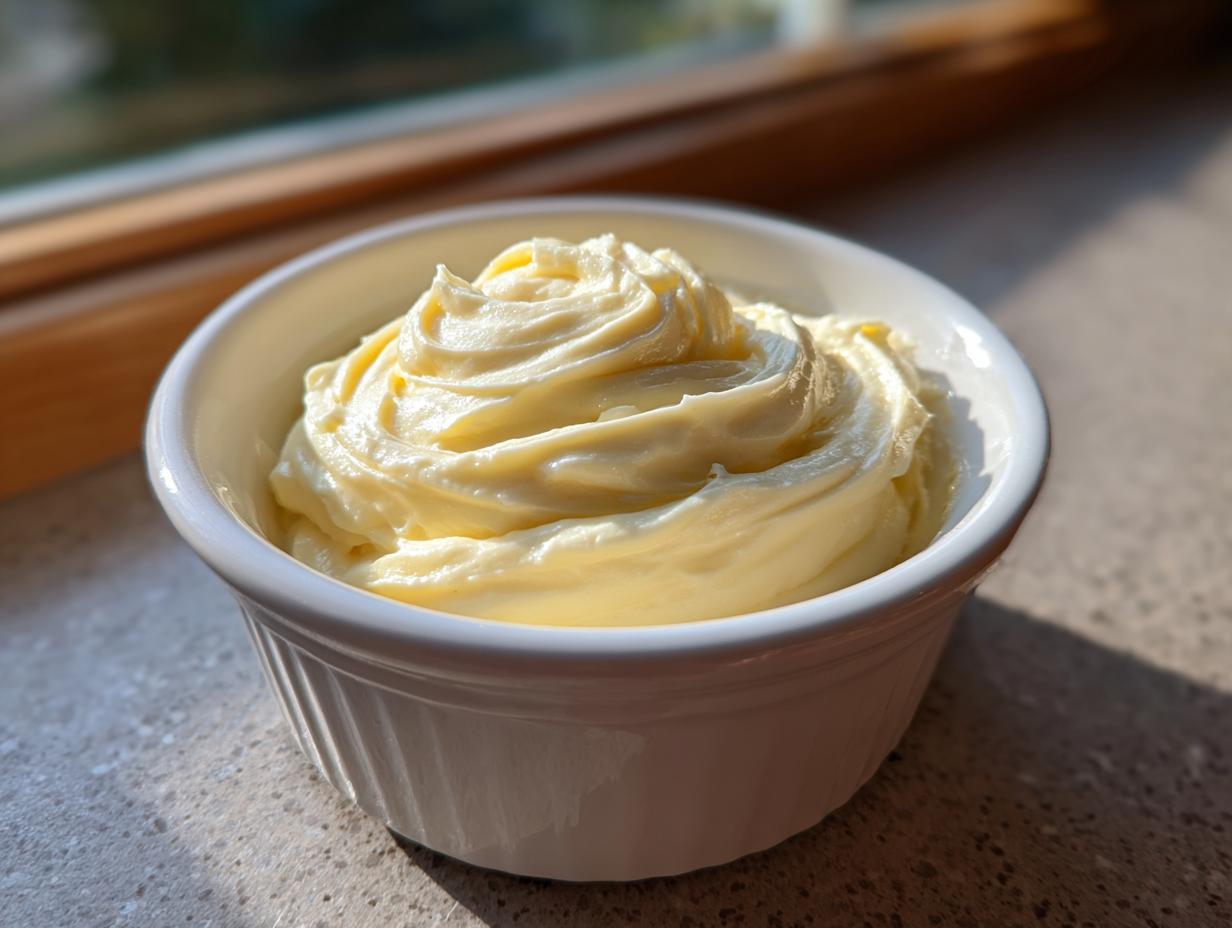 A close-up of creamy, pale yellow homemade garlic aioli, piped into a swirl pattern in a small white ramekin.