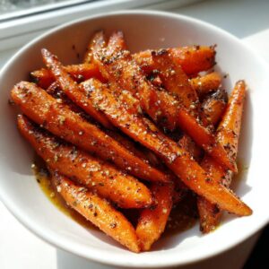 A close-up of roasted, shiny honey glazed carrots seasoned with herbs and spices, served in a white bowl.